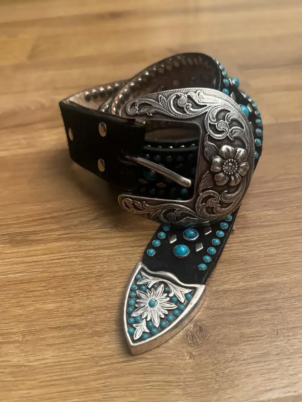 Western Style Black Leather Belt with Turquoise Inlay and Ornate Silver Floral B